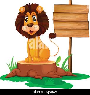 Illusration d'un lion assis sur une souche, à côté d'une pancarte en bois sur fond blanc Illustration de Vecteur