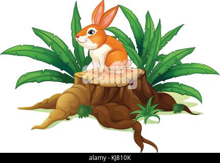 Illustrtion de un lapin assis sur une souche avec des feuilles vertes sur fond blanc Illustration de Vecteur