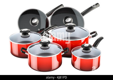 Set de cuisson Ustensiles de cuisine rouge et de cuisine. Pots et casseroles, rendu 3D isolé sur fond blanc Banque D'Images