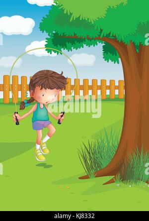 Illustration d'une fille jouant avec une corde à sauter dans le jardin Illustration de Vecteur