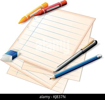 Illustration d'un papier avec des crayons et des crayons sur un fond blanc Illustration de Vecteur