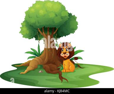 Illustration d'un lion assis sous le grand arbre sur fond blanc Illustration de Vecteur