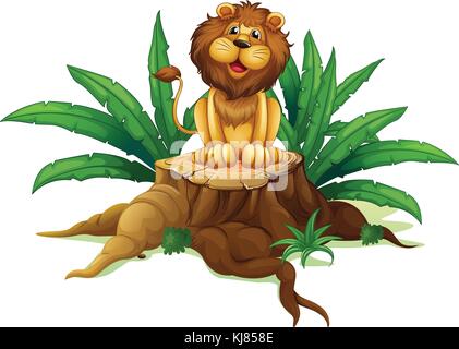 Illustration d'un lion assis sur une souche avec des feuilles sur fond blanc Illustration de Vecteur