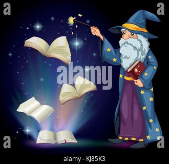 Illustration d'un vieux sorcier tenant un livre et une baguette Illustration de Vecteur