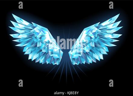 Polygonale, ailes étincelantes de bleu clair, de la glace sur un fond bleu. Ailes de glace. Illustration de Vecteur