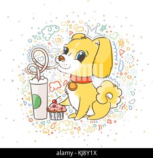 Golden Dog boit du café ou du lait secouer. hand drawn vector illustration pour la nouvelle année, T-shirt, poster, carte postale gradient background Illustration de Vecteur