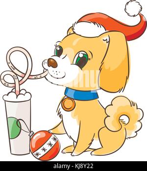 Golden Dog boit du café ou du lait secouer. hand drawn vector illustration pour la nouvelle année, T-shirt, poster, carte postale Illustration de Vecteur