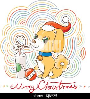 Golden Dog boit du café ou du lait secouer. hand drawn vector illustration pour la nouvelle année, T-shirt, poster, carte postale sur fond à motifs Illustration de Vecteur