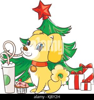 Golden Dog boit du café ou du lait secouer. hand drawn vector illustration pour la nouvelle année, T-shirt, poster, carte postale Illustration de Vecteur