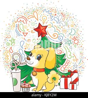 Golden Dog boit du café ou du lait secouer. hand drawn vector illustration pour la nouvelle année, T-shirt, poster, carte postale sur fond à motifs Illustration de Vecteur
