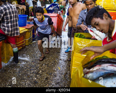 Yangon, région de Yangon, Myanmar. 23 novembre 2017. Un ouvrier livre de la glace au marché aux poissons de San Pya. Le marché aux poissons de San Pya est l'un des plus grands marchés aux poissons de Yangon. C'est un marché ouvert 24 heures sur 24, mais le plus fréquenté tôt le matin. La plupart des poissons sur le marché sont capturés à l'état sauvage, mais l'aquaculture est en expansion au Myanmar et plus de poissons d'eau douce d'élevage sont vendus maintenant que par le passé. Crédit : Jack Kurtz/ZUMA Wire/Alamy Live News Banque D'Images