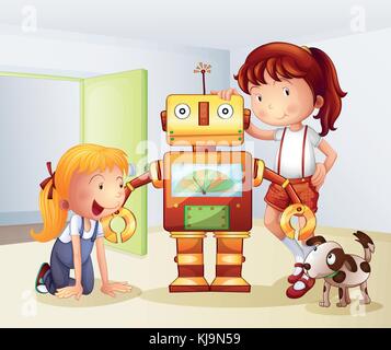 Illustration de deux filles, un chien et un robot sur un fond blanc Illustration de Vecteur