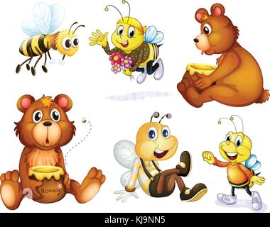 Illustration des 2 ours et 4 abeilles sur un fond blanc Illustration de Vecteur