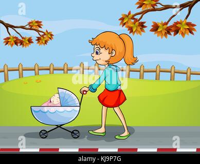 Illustration d'une fille en poussant une poussette avec un bébé endormi Illustration de Vecteur