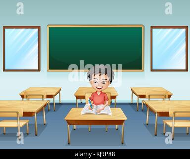 Illustration d'un garçon à l'intérieur d'une classe avec un plateau vide à l'arrière Illustration de Vecteur