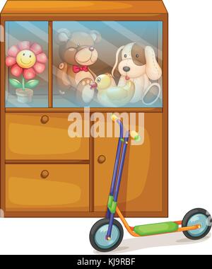 Illustration d'une armoire pleine de jouets à l'arrière d'un scooter sur un fond blanc Illustration de Vecteur