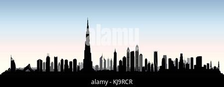 Ville dubai skyline. eau paysage urbain. Emirats arabes unis silhouette bâtiments gratte-ciel Illustration de Vecteur