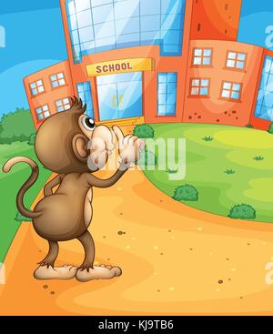 Illustration d'un singe je me demande en face de l'école Illustration de Vecteur