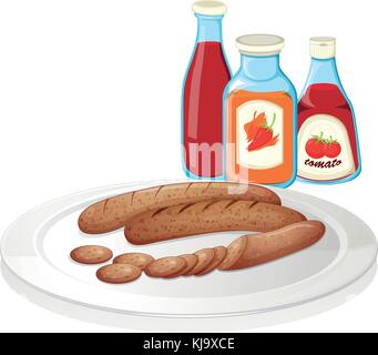 Illustration d'une assiette de saucisse avec ketchups sur fond blanc Illustration de Vecteur