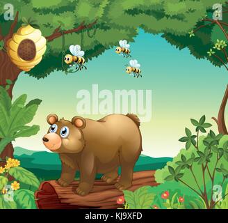 Illustration d'un ours avec trois abeilles à l'intérieur de la forêt Illustration de Vecteur