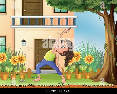 Illustration d'une jeune fille exerçant devant la maison Illustration de Vecteur