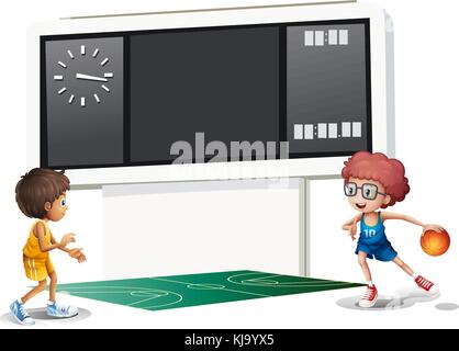 Illustration des deux garçons jouant au basket-ball sur un terrain avec un tableau de bord sur fond blanc Illustration de Vecteur