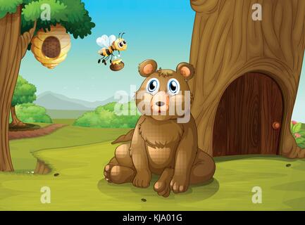 Illustration d'un ours et d'une abeille près d'une cabane Illustration de Vecteur