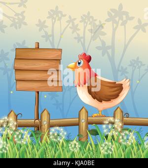 Illustration d'une poule au-dessus d'une clôture en bois face à une pancarte en bois Illustration de Vecteur