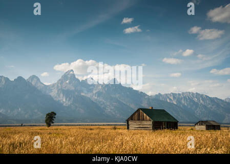 Des bâtiments abandonnés à mormon row sur les antilopes appartements donnant sur le Grand Teton National Park. Banque D'Images