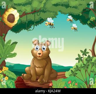 Illustration d'un ours et les trois abeilles dans la forêt Illustration de Vecteur