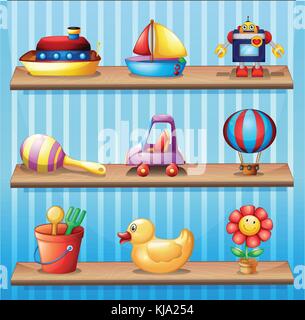 Illustration des trois étagères en bois avec différents jouets Illustration de Vecteur