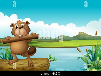Illustration d'un castor au-dessus d'un tronc flottant tenant un morceau de bois Illustration de Vecteur