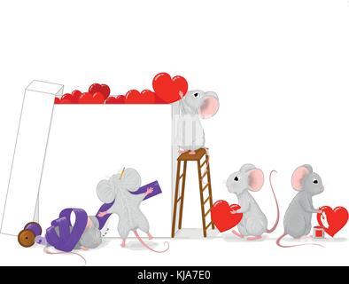 Hand drawn vector illustration d'une équipe de petit mignon souris grise la préparation d'un grand amour avec boîte cadeau coeur rouge et ruban violet. Illustration de Vecteur