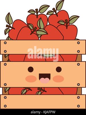 Panier de pommes en bois kawaii dans silhouette colorée Illustration de Vecteur