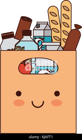 Kawaii sac de papier rectangulaire avec poignée et saucisses et pommes pain Aliments et boissons jus d'orange et une bouteille d'eau et de lait en carton silhouette colorée Illustration de Vecteur