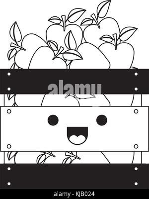 Panier de pommes en bois kawaii en silhouette noire Illustration de Vecteur