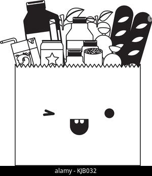 Kawaii sac de papier avec marché de denrées alimentaires et de boissons en silhouette noire Illustration de Vecteur