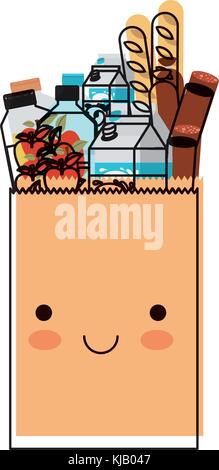 Sac de papier rectangulaire kawaii avec saucisses et pommes pain Aliments et boissons jus d'orange et une bouteille d'eau et de lait en carton aquarelle silhouette Illustration de Vecteur