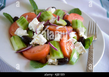 Salade de fromage feta à l'oignon rouge, le concombre, les olives, les tomates et les feuilles de menthe. Banque D'Images