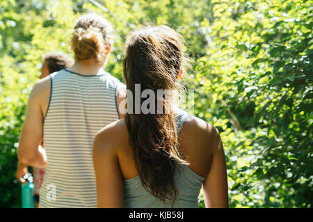 Vue arrière d'amis marchant près d'arbres Banque D'Images