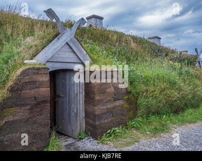 Village reconstruit, L'Anse aux Meadows National Historic Site, L'Anse aux Meadows, l'autoroute 430, la Viking Trail, Terre-Neuve, Canada. Banque D'Images