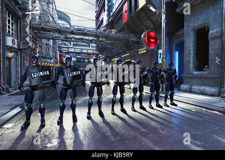 La police futuriste standing in street with shields Banque D'Images