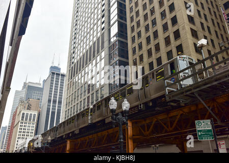 Train Chicago sur le toit de la voie de la boucle avec des gratte-ciel Banque D'Images