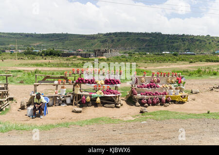 Une femme africaine est assis par son étal de fruits et légumes en vente sur le bord de la route, Kenya, Afrique de l'Est Banque D'Images