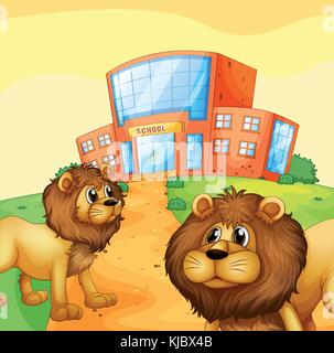 Illustration des deux lions sauvages en face d'un bâtiment scolaire Illustration de Vecteur