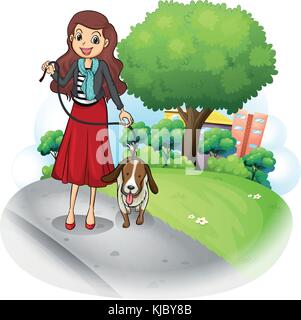 Illustration d'une femme avec son chien à la route sur un fond blanc Illustration de Vecteur