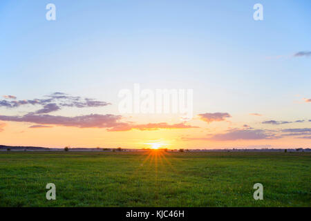 Pré au coucher du soleil au printemps, Muhr am See, Weissenburg-Gunzenhausen, Bavière, Allemagne Banque D'Images