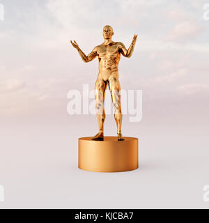 Golden man gesturing incertain sur socle Banque D'Images