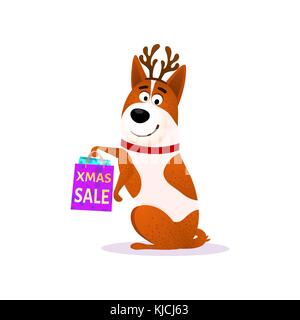 Funny cartoon portrait de chien Noël avec la vente des sacs. En levrette cornes de cerf pour Noël ou Nouvel An 2018 vente design. Chiot avec votre colis isolé sur fond blanc. Illustration vecteur de Noël Illustration de Vecteur