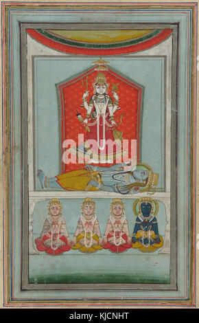Devi, permanent avec une armée quatre Shiva se prosternant, 19e siècle Banque D'Images